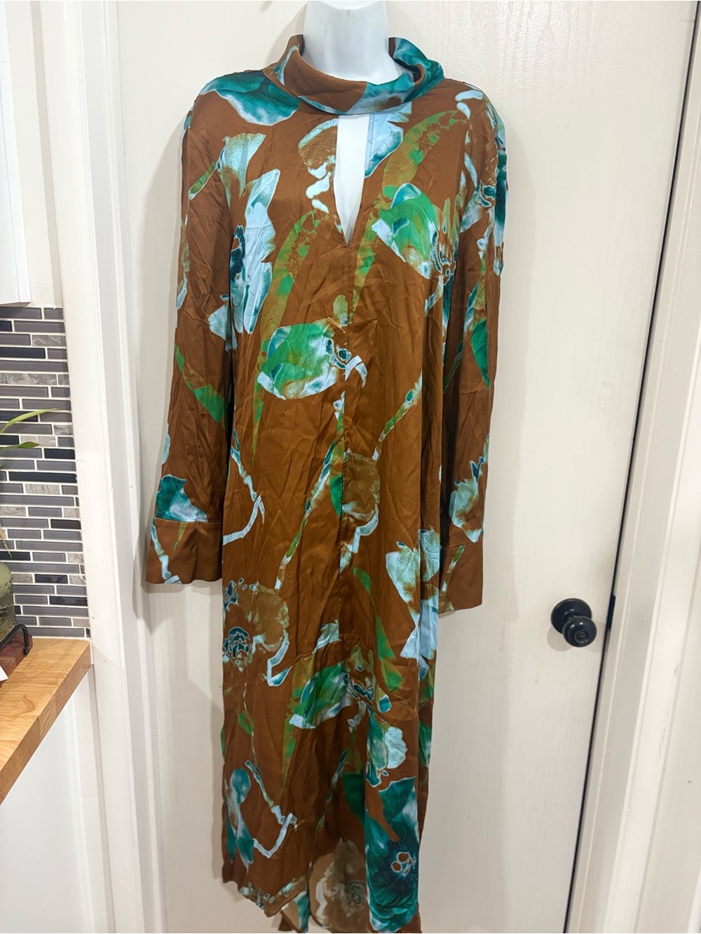 Cos Brown & Teal Floral High-Neck Long Sleeve Dress - Picture 2 of 8